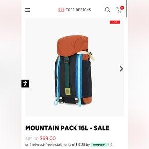 NWOT Topo Designs Mountain Pack - 16L